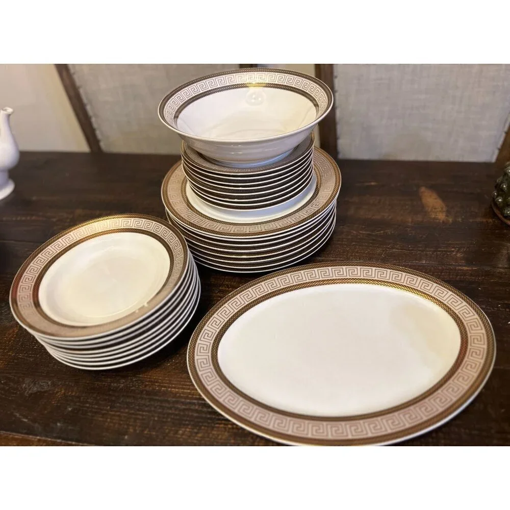 28 Piece Vintage Chattanooga Dining Set with Gold Greek Key Accents